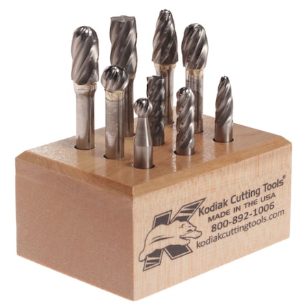 Kodiak Cutting Tools 9Pc Carbide Bur Set for Non-Ferrous - 1/4 Inch Shanks w/Wooden Stand 56310001